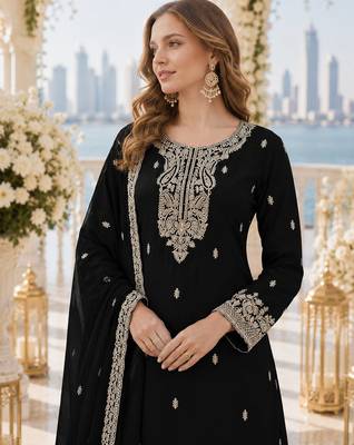 Black faux georgette semi stitched suit with embroidery & sequence work 2