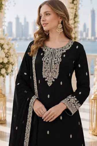 Black faux georgette semi stitched suit with embroidery & sequence work