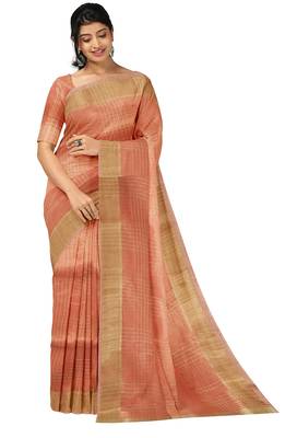 Peach gold checked saree 1