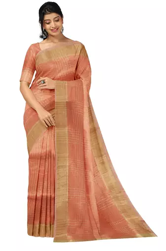 Peach gold checked saree