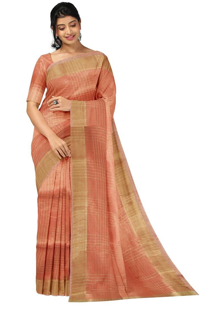 Peach gold checked saree