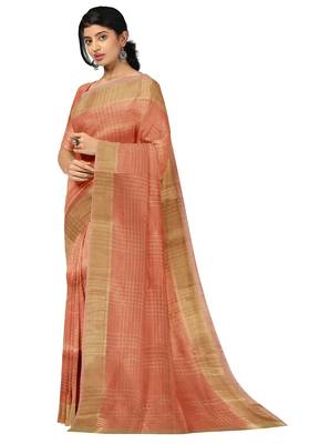Peach gold checked saree 2