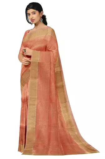 Peach gold checked saree