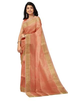 Peach gold checked saree 3