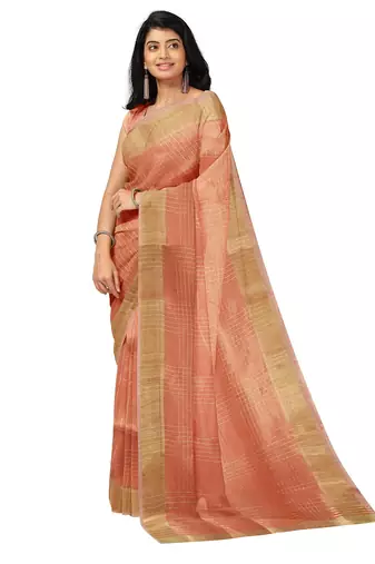 Peach gold checked saree