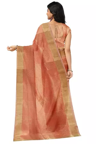 Peach gold checked saree
