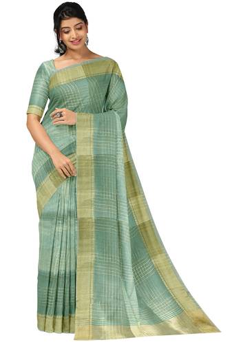 Sea green gold checked saree