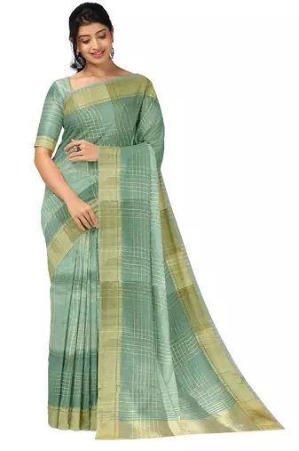 Sea green gold checked saree