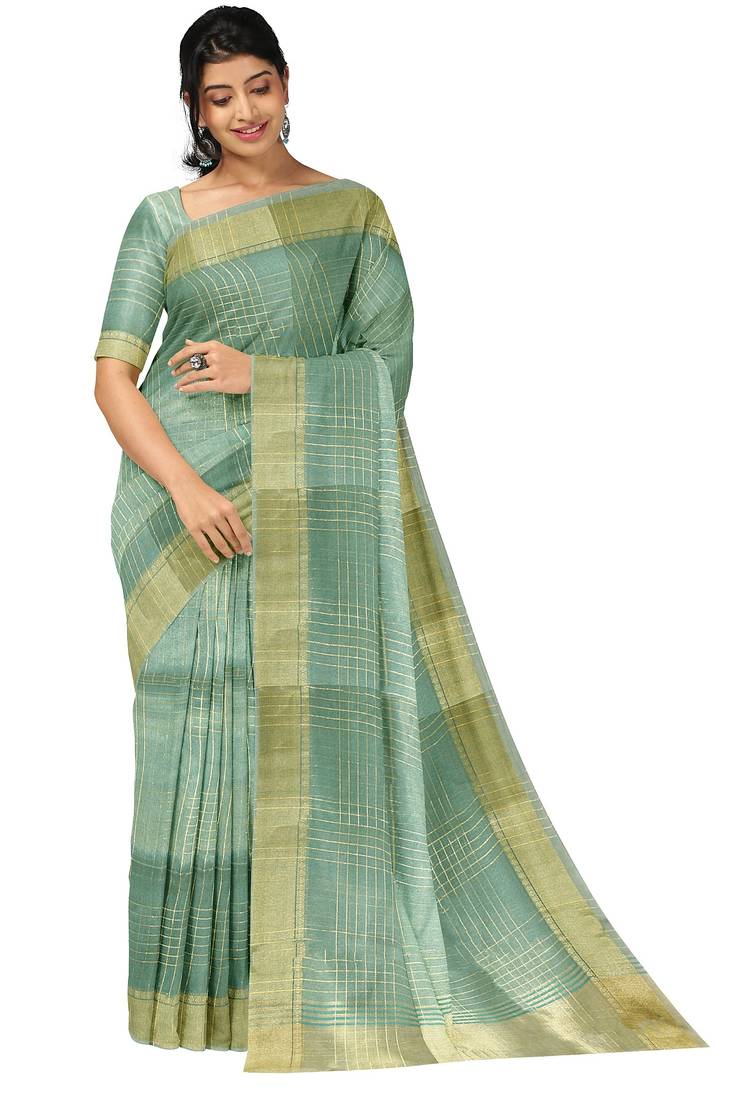 Sea green gold checked saree