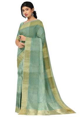 Sea green gold checked saree 2