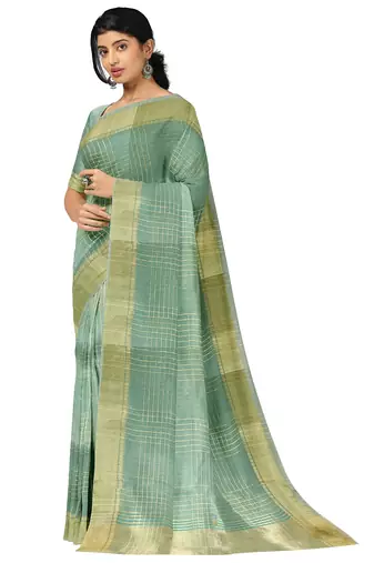 Sea green gold checked saree