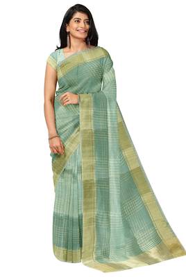 Sea green gold checked saree 4