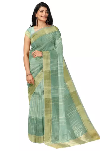 Sea green gold checked saree