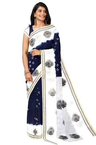 Navy blue & white printed saree