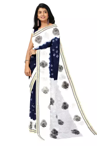 Navy blue & white printed saree