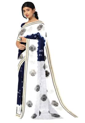 Navy blue & white printed saree 3