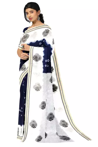 Navy blue & white printed saree