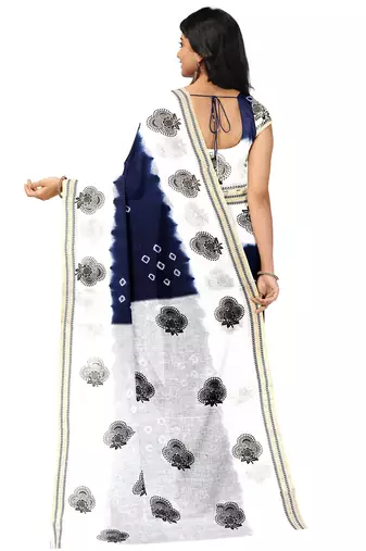 Navy blue & white printed saree