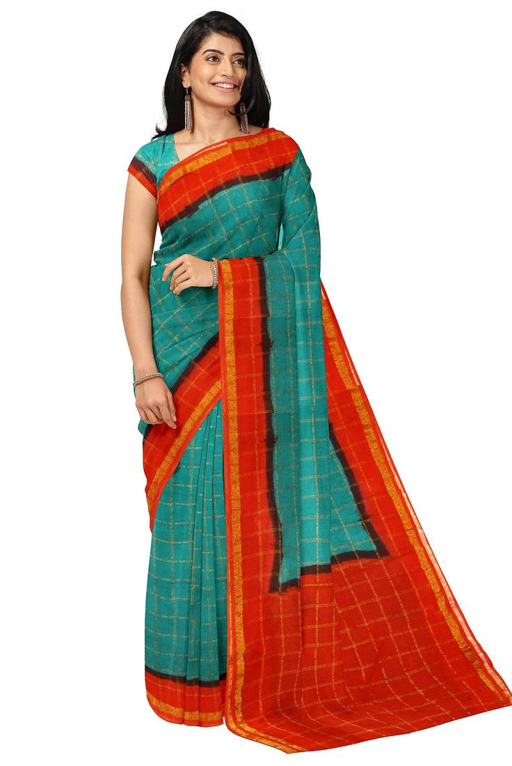 Teal blue red checked saree