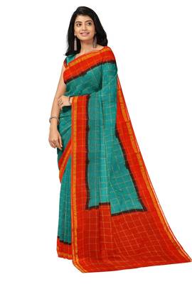 Teal blue red checked saree 2