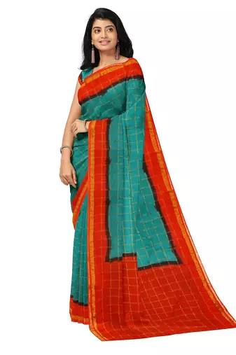 Teal blue red checked saree