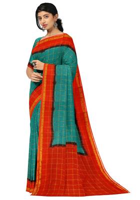 Teal blue red checked saree 3
