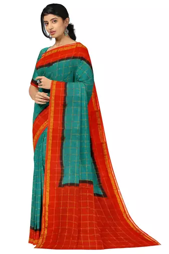 Teal blue red checked saree