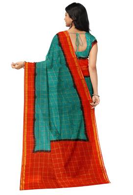 Teal blue red checked saree 4