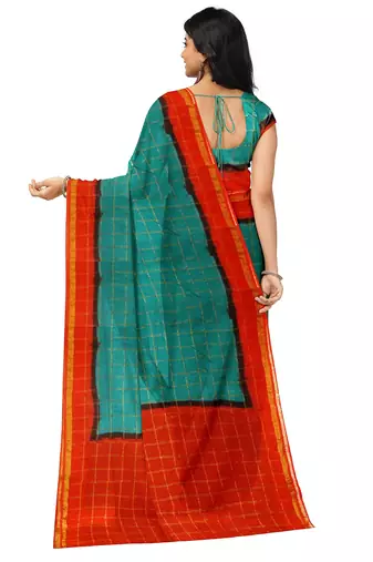 Teal blue red checked saree