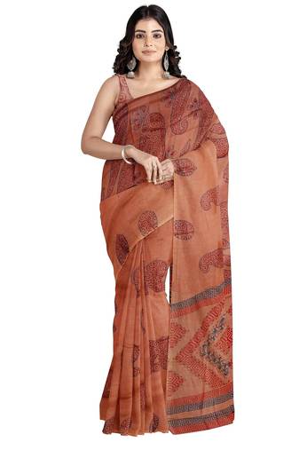 Light coffee paisley printed saree