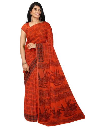 Red traditional floral printed saree