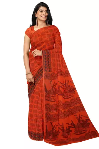 Red traditional floral printed saree