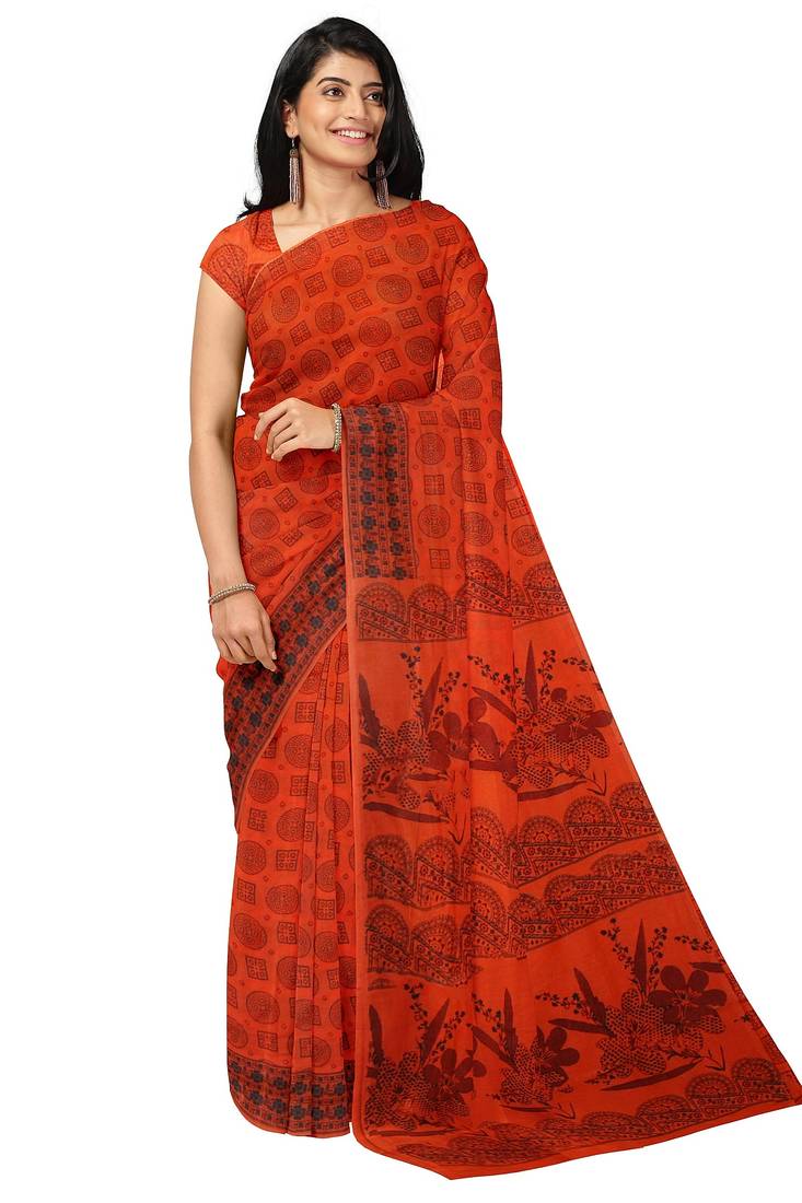 Red traditional floral printed saree