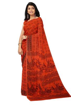 Red traditional floral printed saree 2