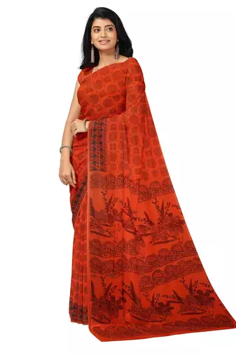 Red traditional floral printed saree
