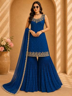Blue faux georgette embroidered sharara suit with dupatta 1