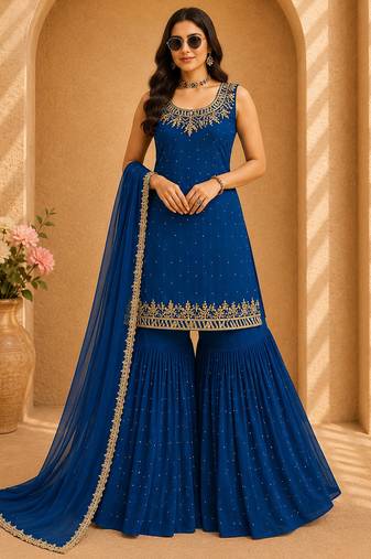 Blue faux georgette embroidered sharara suit with dupatta