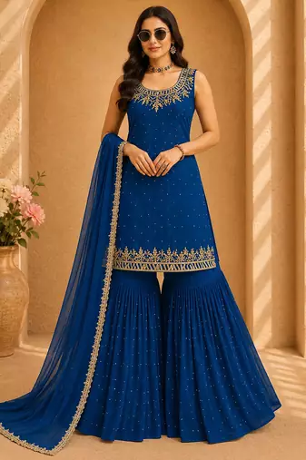 Blue colour faux georgette embroidered sharara suit with dupatta