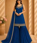 Blue colour faux georgette embroidered sharara suit with dupatta