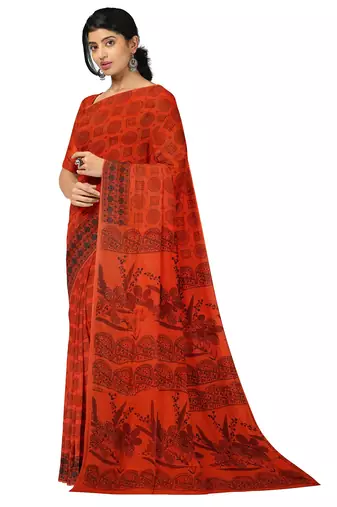 Red traditional floral printed saree