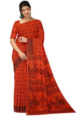 Red traditional floral printed saree 4