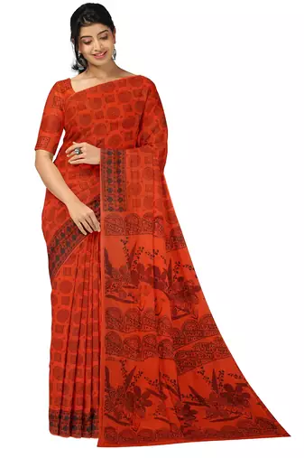 Red traditional floral printed saree
