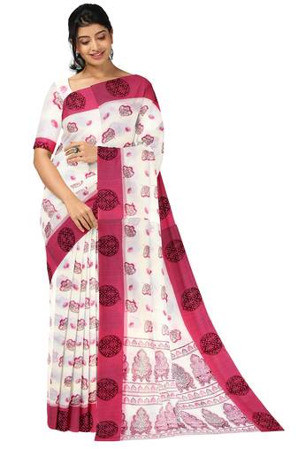 White & pink floral printed saree