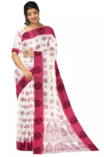 White & pink floral printed saree