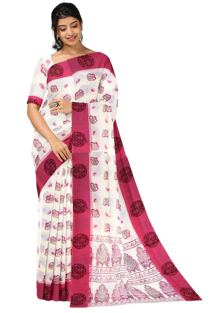 White & pink floral printed saree