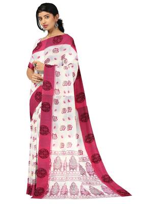 White & pink floral printed saree 2