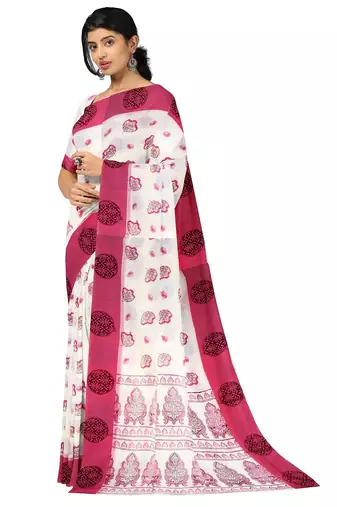White & pink floral printed saree
