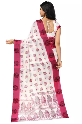White & pink floral printed saree