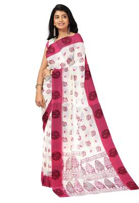 White & pink floral printed saree 4