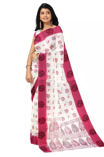 White & pink floral printed saree